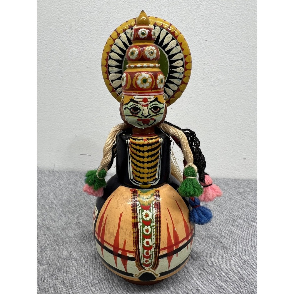 Indian Kathakali Dancer Hand Painted Wood Clay Folk Art Figurine Statue